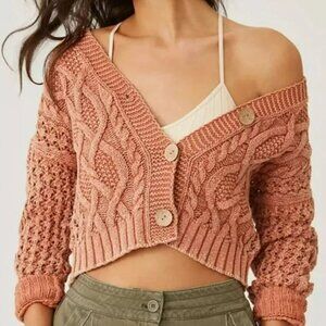 Anthropologie Pilcro Cropped Cardigan Womens Rustic Orange Cable-Knit Sweater M